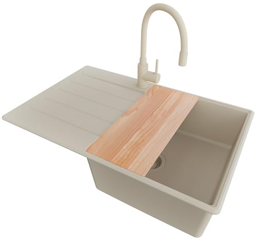 PRIMAGRAN Granitspüle ab 50er Unterschrank + Küchenarmatur, 78x50cm | Set: Küchenarmatur BW6020 + Ablauf-Set + Schneidebrett + Spülbecken 1 Becken - Kopenhagen Top, Alles Beige