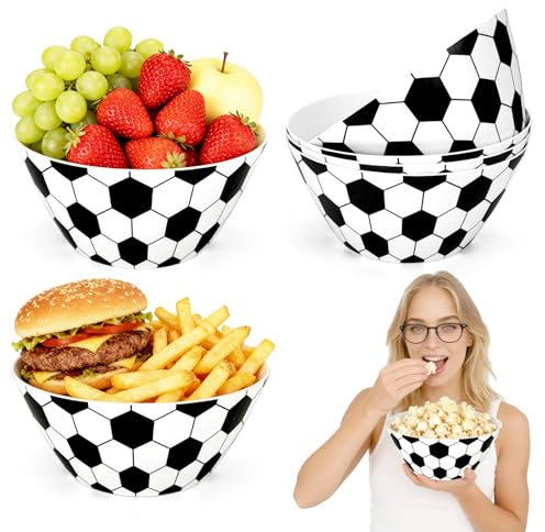 EVELOMO 4 Pack Large Soccer Ball Snack Bowls - 10 x 4.3 In Reusable Melamine Soccer Serving Bowl for Party, Game Day, Birthday, Tailgating & Sports Events (Soccer)