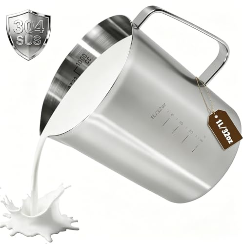 jarra medidora acero inoxidable 304 1000ml, medidas en onzas y centilitros | jarra de cocina para medir líquidos, Leche, batidora, escala en el interior con gran claridad, apto para lavavajillas