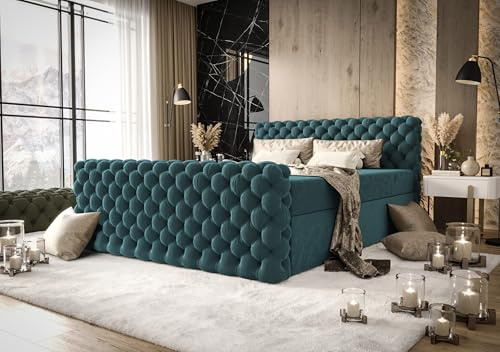B&B HOME Boxspringbett Figo IV im Chesterfield-Stil, mit Zwei Bettkästen, Multipocket-Matratze und Topper (Türkis, 160 cm x 200 cm)