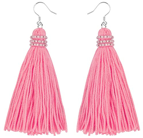 KELITCH Böhmische Quaste Ohrringe 925 Silber Anhänger Ohrschmuck Handgemachte Farbe Quaste Ohrhänger für Damen - Rosa 01A