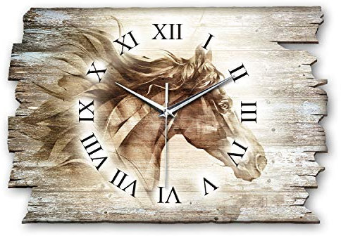 Kreative Feder Designer Wanduhr „Pferd“ aus Holz 40x27cm im Shabby Style Design - Designeruhr mit flüsterleisem Uhrwerk ohne Ticken (Pferd, leises Quarzuhrwerk)