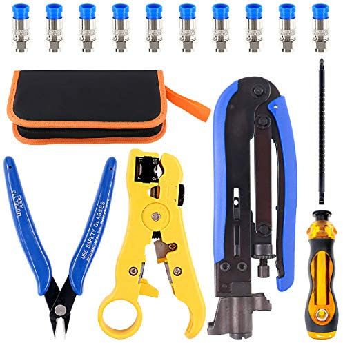 Hilitchi Herramienta de compresión coaxial 5 en 1 con manual de instrucciones (idioma español no garantizado), pelacables RG6 RG59 RG11 75-5 75-7 y micro cortador con 10 conectores de compresión F