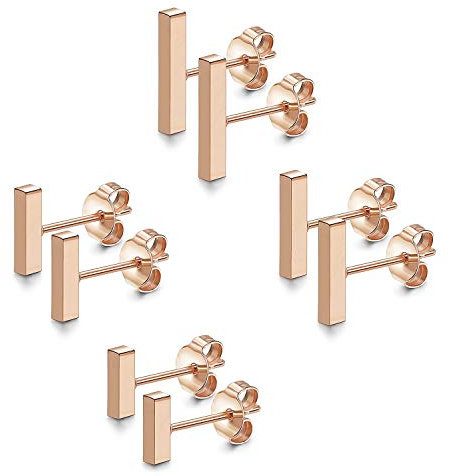 JewelryWe Schmuck 4 Paar 6-12MM Ohrstecker Set Edelstahl Mini Quader Bar Ohrringe Ohr-Piercings für Herren Damen Rosegold
