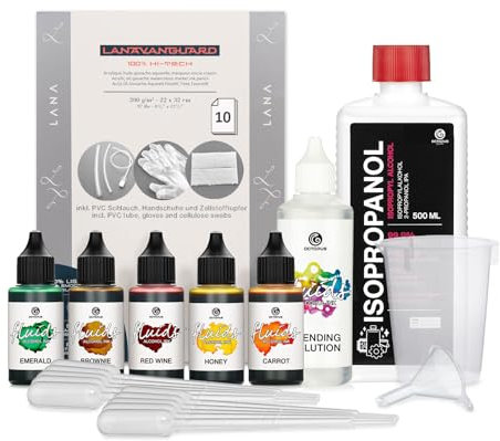 Octopus 5 x 30 ml Fluids Alcohol Ink Complete Kit LEAVES with Blending Solution, Alcohol Ink Paper and accessoreies for fluid art
