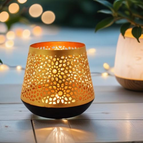 Orientalische goldene Laterne Windlicht Ceuta 12cm groß | Marokkanische Gold Gartenlaterne für draußen Innen als Tischlaterne | Marokkanisches Gartenwindlicht hängend oder zum hinstellen