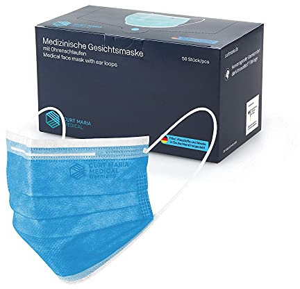 CURT MARIA MEDICAL 50 Stück Medizinische Gesichtsmasken made in Germany Mundschutz 3-lagig mit Ohrenschlaufen zum Einmalgebrauch blau