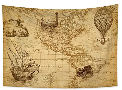 YONGFOTO 150x100cm Vintage Map Tapisserie, Industrielles Zeitalter Nautische Geografische Kunst Wandbehang für Raumdeko Alte Jahrhundert Abenteuer Historische Decke für Schlafzimmer Büro Wohnheim
