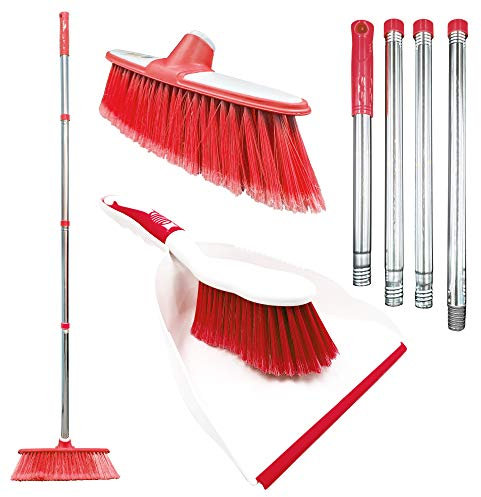 TDBS The Dustpan and Brush Store Indoor Broom with Dustpan Set, Red, Synthetic Bristles, 8 Inch Head, Flexible Design, Ergonomic Rubber Grip, Ideal for Indoor Floors