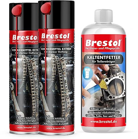 Brestol SCHMIERMITTEL EXTREM SPRAY 2x 400ml mit starker Haftung + 1000 ml KALTREINIGER - Schmierspray Silikonspray Kriechöl Zahnradspray Kettenspray Seilspray Kolbenspray Haftschmierstoff