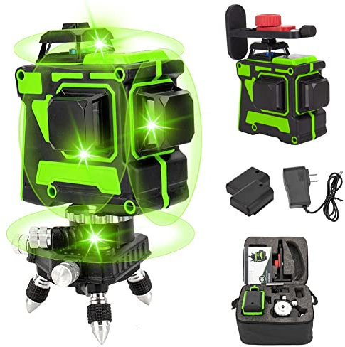 Nivel láser autonivelante verde,12 líneas 3D,Nivelador Láser, Nivel láser de línea verde cruzada 3x360, Niveles láser 360 horizontales verticales,Con Soporte de Pared, Trípode, 2 Baterías