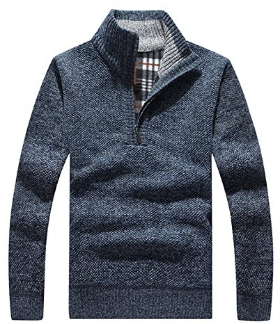 Les umes Mens Quarter Zip Jumper Plaid Fleece Lined Knit Turtleneck Sweater Warm Long Sleeve Stand Collar Pullover Blue 2XL