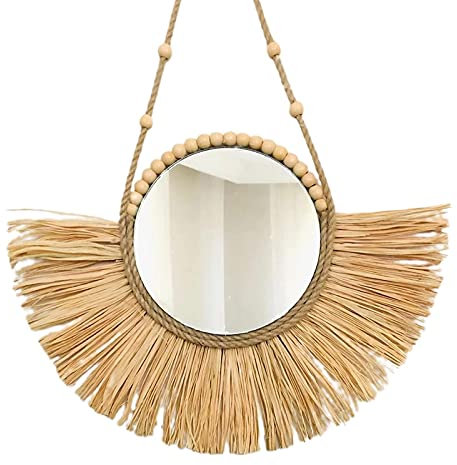 Benoon Miroir avec corde de suspension pour les murs, miroir à suspendre en paille marocaine perles en bois acrylique ornement pour appartement, salon, chambre à coucher, dortoir, entrée 2 XXS