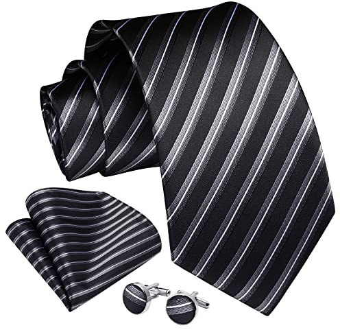 Enlision Herren Gestreifte Krawatte Taschentuch Hochzeit Formell Business Krawatten und Einstecktuch Manschettenknöpfe Set Schwarz/Weiß 2