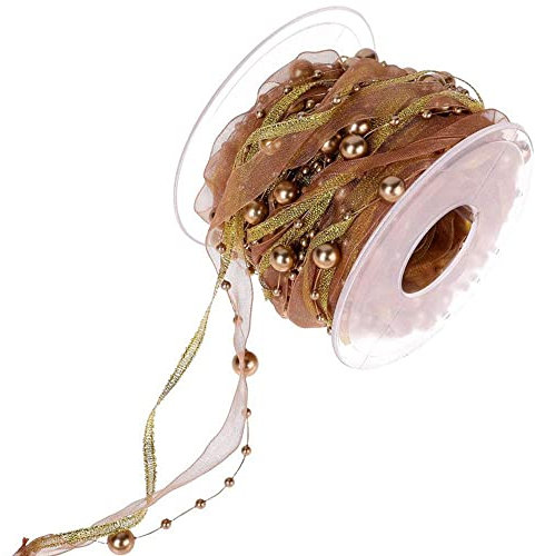 LUMoony 10M Perlengirlande mit Organza Perlengirlande Perlenkette Perlenschnur Geschenkband Schleifenband mit Perlen Deko Hochzeit Dekoband für Hochzeit Weihnachten Taufe Geburtstagsgeschenke