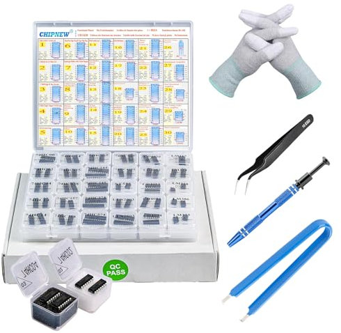 CHIPNEW Kit IC de 30 tipos de puertas lógicas (74HCXX CD40XX COMS, amplificador Op, temporizador 555 Ic, transistor Darlington) Total de 58 piezas, organizador de componentes electrónicos desmontable