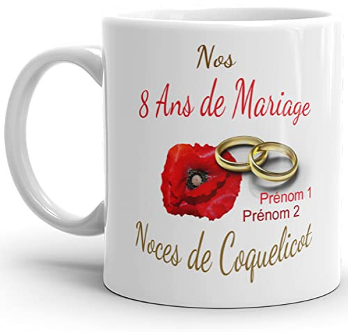 Mug anniversaire mariage 8 ans noces de Coquelicot personnalisable 2 prénoms tasse personnalisée Idée Cadeau Originale Famille couple mari femme noel fete époux épouse