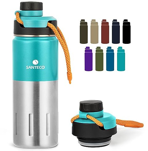Santeco Water Bottle 710/500ml, Stainless Steel Flask with Strap & Wide Mouth Spout Lid, Leak Proof, Double Walled Vacuum Insulated Water Bottle, Keep Drinks 24h Hot & 12h Cold for Hiking Camping