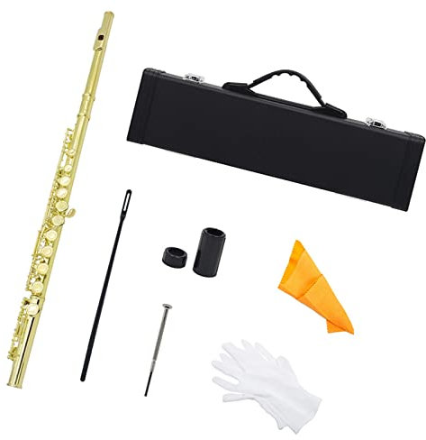 PECY 16-Loch-C-Key-Flöte Kupfernickelflöte Holzblasinstrument Mit Koffer-Reinigungstuch Querflöten (Size : Golden)