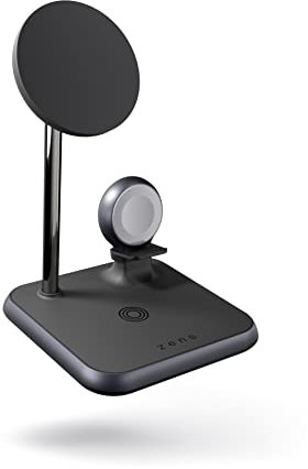 ZENS Magnetic+Watch Aluminium 4in1 kabelloses Ladegerät kompatibel mit MagSafe (Qi/MFi-Zertifiziert, Netzteil mit Kabel inklusive) Schwarz
