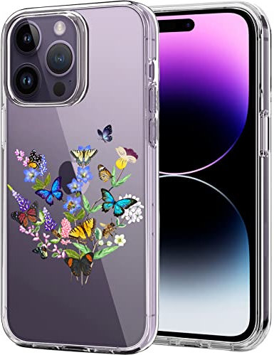 Unov Case Compatible with iPhone 14 Pro Case Clear with Pattern Slim Protective Soft TPU Bumper Embossed Design 6.1 Inch (Flower Butterfly)