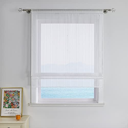 ESLIR Raffrollo Küche Weiß Raffgardine mit Tunnelzug Gardinen Transparent Bändchenrollo mit Vertikale Streifen Voile Wohnzimmer BxH 140x140cm 1 Stück