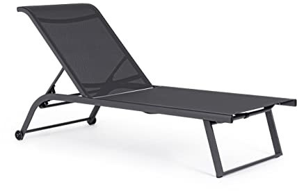 KLULK Lettino Prendisole In Alluminio Verniciato Grigio Scuro,Con ruote, Rivestito In Texilene, Schienale Reclinabile 4 Posizioni 70 x 182 x 34 cm Per Giardino E Piscina