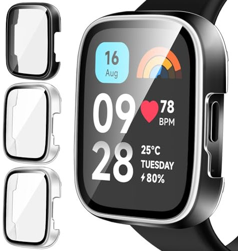 ivoler 3 Piezas Funda para Xiaomi Redmi Watch 3 Active (No para Redmi Watch 3) con Protector de Pantalla de Cristal Templado, Protección Completa Duro Anti-arañazos Carcasa, 2 Transparente + 1 Negro