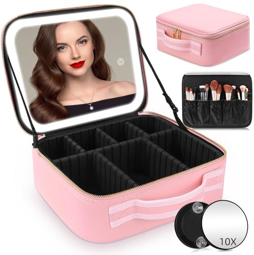 Reise-Makeup-Tasche Kosmetiktasche Make up Organizer Tasche mit großen beleuchteten Spiegel 3 Farbe Modi einstellbare Helligkeit, wasserdicht PU Leder Makeup Reisekoffer Makeup Zug Tasche