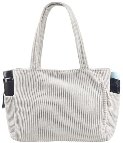 wocharm Corduroy Tote Bag for Women, Shoulder Bag with Zipper & Multiple Pockets for Work College School Daily Use, Ivory