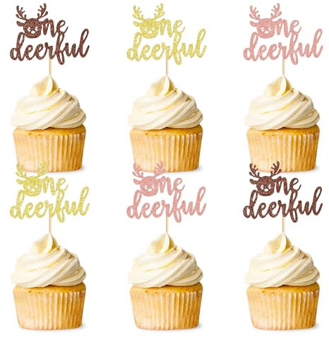 Ercadio 36 Pack One Deerful Cupcake Toppers - 24pcs, 2.4*3.9 inch, Metallic Glitter, Christmas, Baby Shower, Birthday, Wedding Occasions