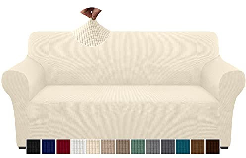 Granbest Überprüft Couchbezug für 3 Kissen Couch Hohe Dehnung Sofabezug 3-Sitzer Waschbare Sofaschutz für Hunde Haustiere Rutschfester Möbelschutz (3-Sitzer, Beige)