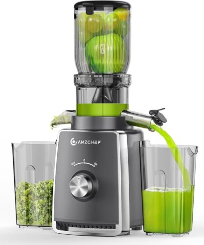 AMZCHEF Licuadora con 2 filtros patentados que no se obstruyen para frutas y verduras blandas y duras - Extractor de zumos y verduras de 250W y 103MM de gran apertura para fruta entera - Gris