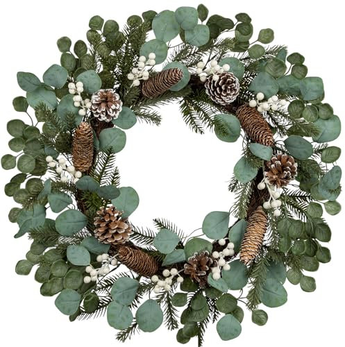 Hollyone 60cm Couronne de Noël Couronne de Porte décoration de Noël, Couronne de Porte d'entrée avec Pommes de pin Baies Blanches, Couronne d'eucalyptus Artificiel Vert pour l'extérieur l'intérieur
