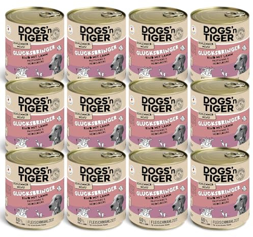 Dogs'n Tiger Glücksbringer Nassfutter Hund, Rind & Lamm, 12x 800g | Hundefutter nass, mit Pastinake & Heidelbeeren, hoher Fleischanteil, getreidefrei, ohne Zuckerzusatz, gut verträglich
