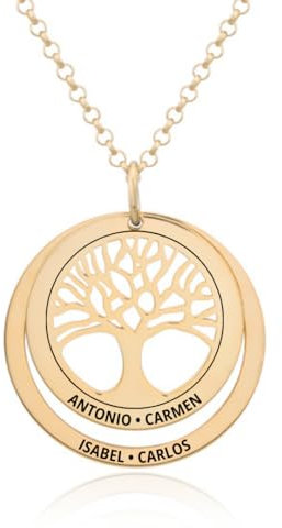 Collar Árbol de la Vida en Plata de Ley 925 personalizable. Cadena de 45cm. Regalo ideal madre abuela con nombres familia. Cumpleaños, Navidad. Hecho en España. (Collar Árbol de la Vida + 1 Aro Oro)