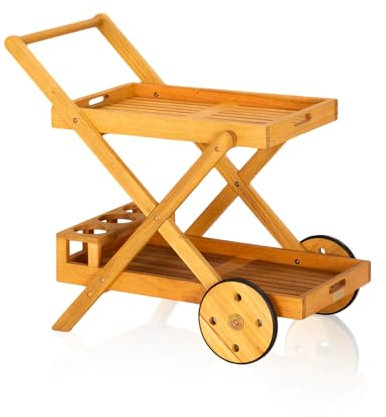 KHG Servierwagen auf Rollen mit abnehmbarem Tablett aus 100% Eukalyptus-Echtholz, wetterfest Rollwagen mit Griffen, Flaschenhalter - Braun