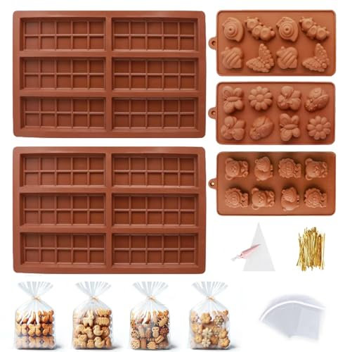 5 Pezzi Flessibile Stampi da Forno Set, Stampi per Barretta di Cioccolato Silicone, Stampo di Leone Orso, Forme di Animali Per Dolci con Sacchetti di Pasticceria Legami Torsione Sacchetti Caramelle