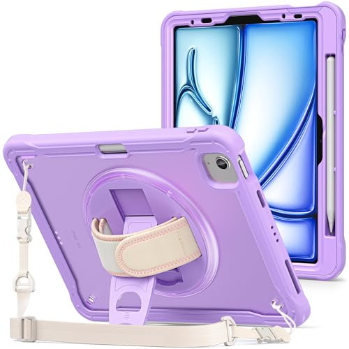 ProCase for iPad Air 11-inch 7th (M3) 2025/ 6th (M2) 2024/ Air 5th / 4th Gen 10.9/ iPad Pro 11 4th/3rd/2nd/1st Gen, Heavy Duty Shockproof Cover with Hand Strap 360 Degree Rotatable Kickstand -Purple