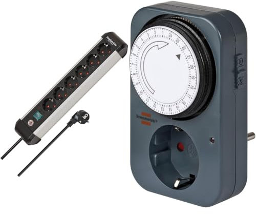 Brennenstuhl Premium-Alu-Line Steckdosenleiste 6-Fach/Steckerleiste & Zeitschaltuhr MZ 20, mechanische Timer-Steckdose (Tages-Zeitschaltuhr mit erhöhtem Berührungsschutz) grau