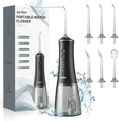 Sejoy Hilo dental de agua para limpieza de dientes, 280 ml, inalámbrico, irrigador bucal portátil, recargable, con 4 modos, 6 puntas de chorro, IPX7, impermeable, para viajes en casa (negro)