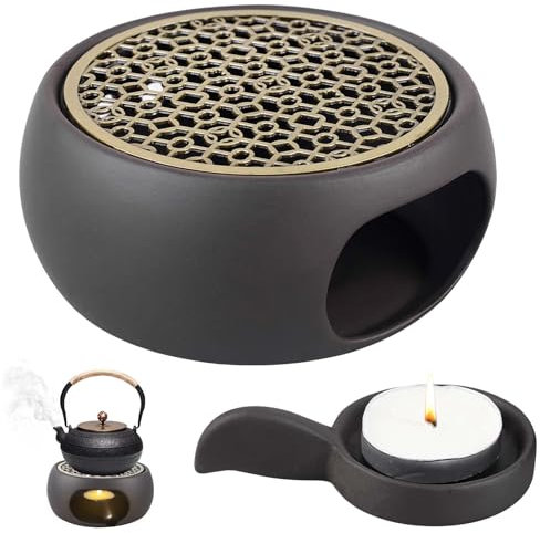 Stövchen, Stövchen für Teekanne, Teestövchen mit Kerzenhalter, Schwarze Keramik Teewärmer, Tee Stövchen mit Hohle Ofenmatte aus Legierung, Teekannenwärmer für Tee Milch Kaffee