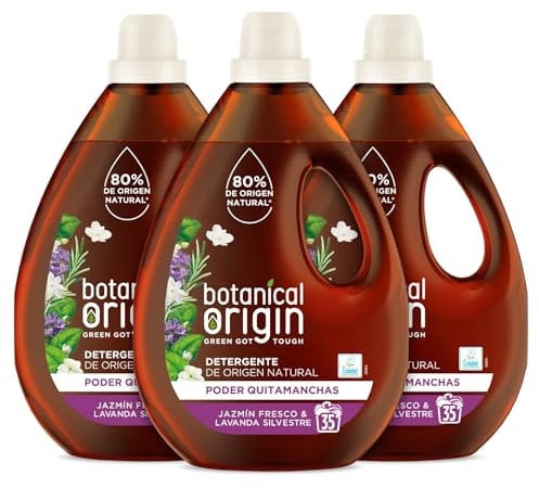 Botanical Origin Detergente para lavadora ecológico apto para pieles sensibles, 105 lavados, Fragancia Jazmín Fresco y Lavanda Silvestre (3 x 35 lavados)