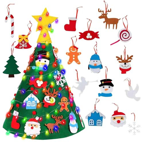 Árbol De Navidad De Fieltro - Juego de árbol de Navidad | Decoración de árbol de Navidad Falso | Cadena Luminosa LED de Fieltro con 16 Adornos Desmontables | Decoración De árbol De Navidad De