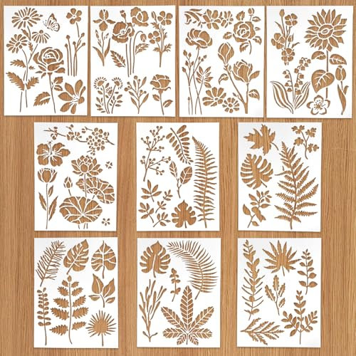 KATIMI 10 Stück Malerei Schablonen Textilgestaltung, 13 × 17 cm Blätter Stencil Schablonen Malen, Wiederverwendbar Blumen Airbrush Schablonen Wandgestaltung, Schablone für DIY Scrapbooking Wand Deko