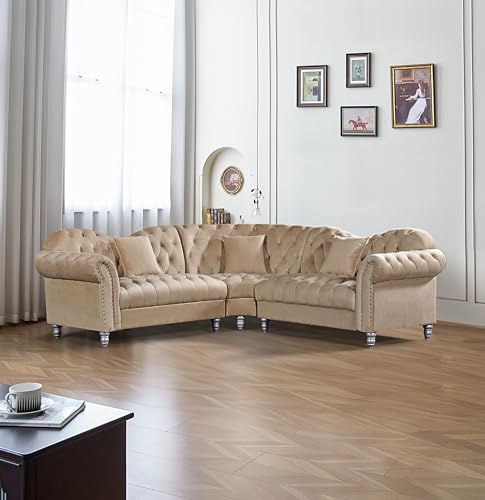 Generisch Chesterfield Luxus Samt Sofa, Grau, Tufted Design mit Dekorativen Nieten, Elegante Silberne Füße, Wohnzimmer Polstergarnitur im Vintage Stil (Beige)