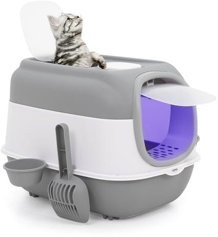 Forroby Cat Litter Tray with Hood,Foldable Enclosed Cat Litter Box Large with Lid,Scoop,Bowl,Leakage Board,Pet Portable Top Opening Toilet Indoor,Easy to Clean(Grey 40x40x56 cm)