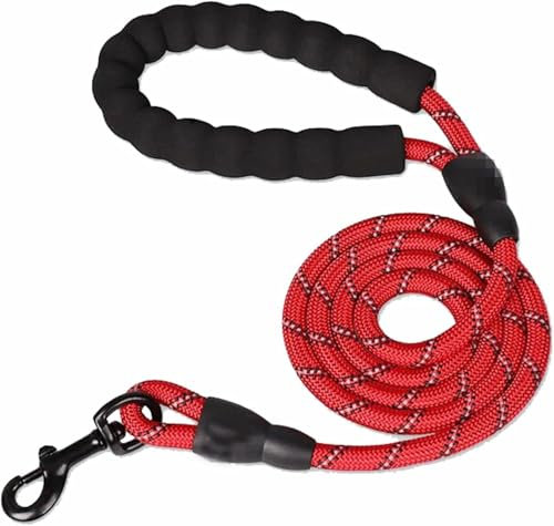 Heavy Duty Rope Dog Lead 5FT - Durable Anti-Slip Leash with Soft Padded Handle, Reflective Nylon Training Lead for Walking, Running, and Obedience – for Small, Medium & Large Dogs (Red, Large)
