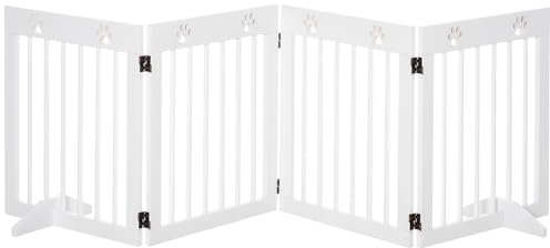 PawHut Absperrgitter Hund 4-teilig, 204 x 61 cm Faltbar Türschutzgitter mit 2 Stützfüßen, Freistehend Hundegitter, Treppengitter aus Holz für Flur, Treppe, Weiß
