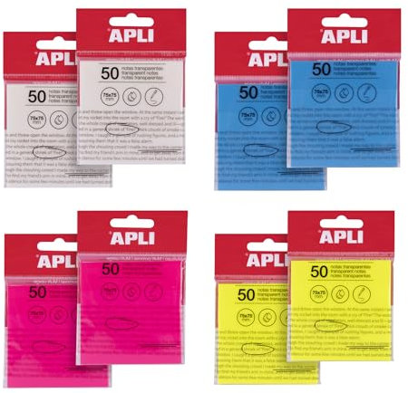 APLI 19900 - Pack 8 blocs de notas adhesivas transparentes 75 x 75 mm en colores surtidos, 50 hojas translúcidas/bloc,resistentes al agua, uso escolar u oficina
